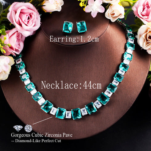 White and Turquoise Green Party Set - Earrings & Necklace - Statement Jewellery - Cubic Zircon - Box Packaging