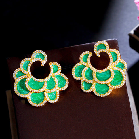 Retro Green & Gold Party Earrings - Statement Jewellery - Cubic Zircon - Box Packaging