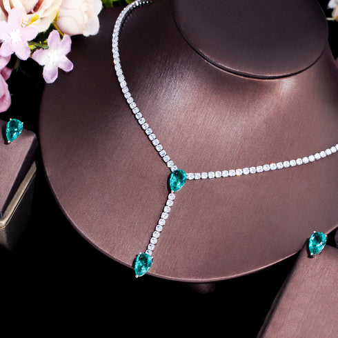 Mermaid Green Party Set - Earrings & Necklace - Statement Jewellery - Cubic Zircon - Box Packaging