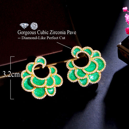 Retro Green & Gold Party Earrings - Statement Jewellery - Cubic Zircon - Box Packaging