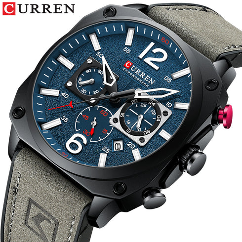 Curren 3030 (Ash Grey & Deep Blue) - Men's Watch - 1 Year Warranty - Chronograph - 3 ATM Water Resistant