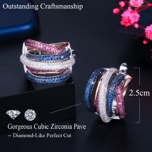 Multi Colour Gold Plated Twisted Hoops Party Earrings - Statement Jewellery - Cubic Zircon - Box Packaging