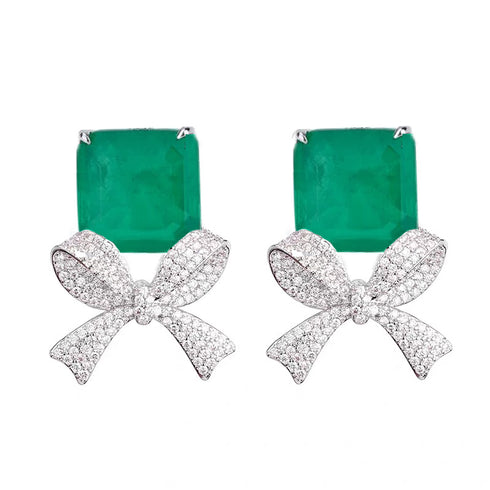 Green Bow Party Earrings - Statement Jewellery - Cubic Zircon - Box Packaging