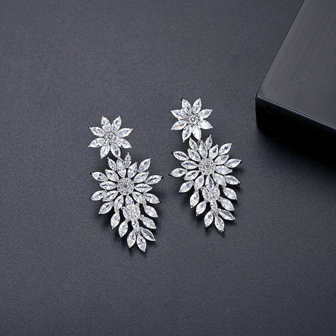 Party Flower Earrings - White Gold Plated - AAA Cubic Zirconia - Free Box Packaging!