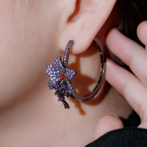 Deep Puple Flower Hoops Party Earrings - Statement Jewellery - Cubic Zircon - Box Packaging