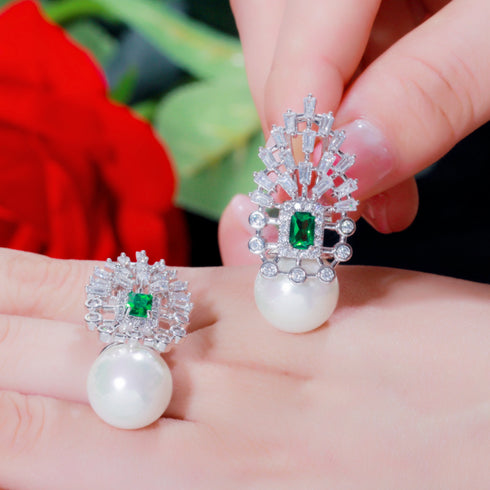 Pearl and Green Earrings - Statement Jewellery - Cubic Zircon - Box Packaging