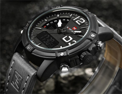Naviforce Rugged Black Attack (Digital + Analog) - Genuine Leather! - Water Resistant! - 1 Year Warranty!