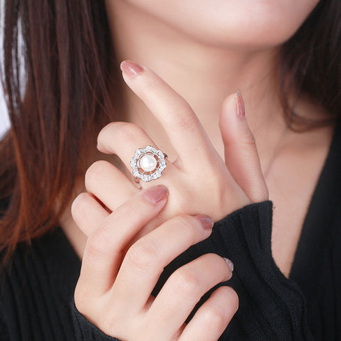 Mythical Ocean Ring - Genuine Pearl - Adjustable Size - S925 Sterling Silver - AAA Cubic Zirconia Stones - Free Box Packaging