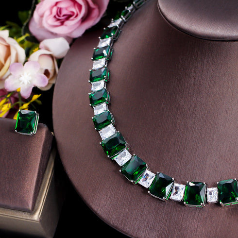 Green and White Lux Set - Earrings & Necklace - Statement Jewellery - Cubic Zircon - Box Packaging
