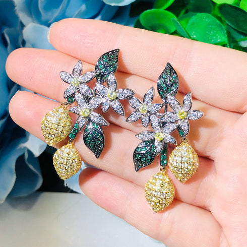 Flower Drop Earrings - Statement Jewellery - Cubic Zircon - Box Packaging