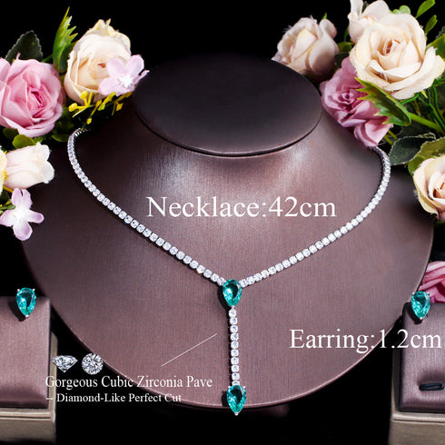 Mermaid Green Party Set - Earrings & Necklace - Statement Jewellery - Cubic Zircon - Box Packaging