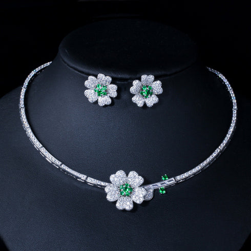 Modern Floral Party Set - Earrings & Necklace - Statement Jewellery - Cubic Zircon - Box Packaging