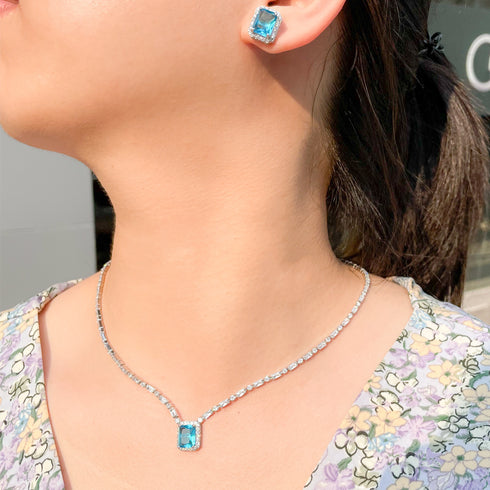 Stunning White and Blue Set - Earrings & Necklace - Statement Jewellery - Cubic Zircon - Box Packaging
