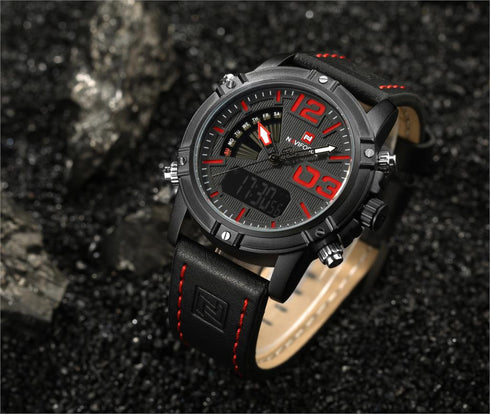 Naviforce Rugged Black & Red Attack (Digital + Analog) - Genuine Leather! - Water Resistant! - 1 Year Warranty!