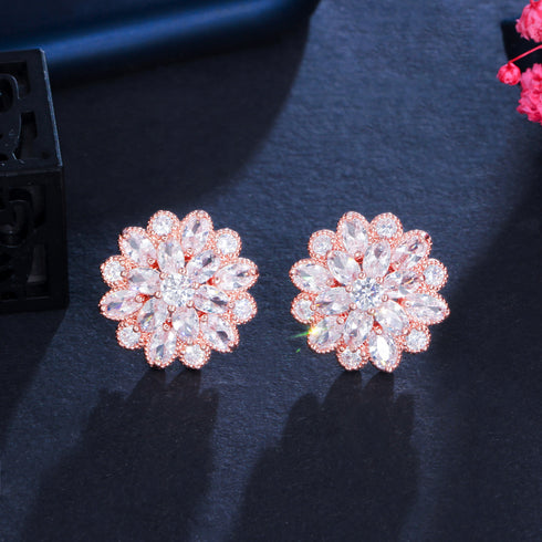 Rose Gold Plated Stud Party Earrings - Statement Jewellery - Cubic Zircon - Box Packaging