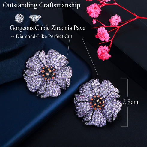 Deep Violet Flower Party Earrings - Statement Jewellery - Cubic Zircon - Box Packaging