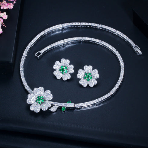 Modern Floral Party Set - Earrings & Necklace - Statement Jewellery - Cubic Zircon - Box Packaging