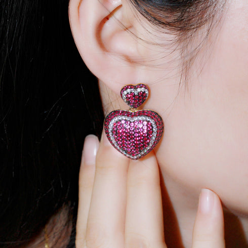 Double Heart Party Earrings - Statement Jewellery - Cubic Zircon - Box Packaging