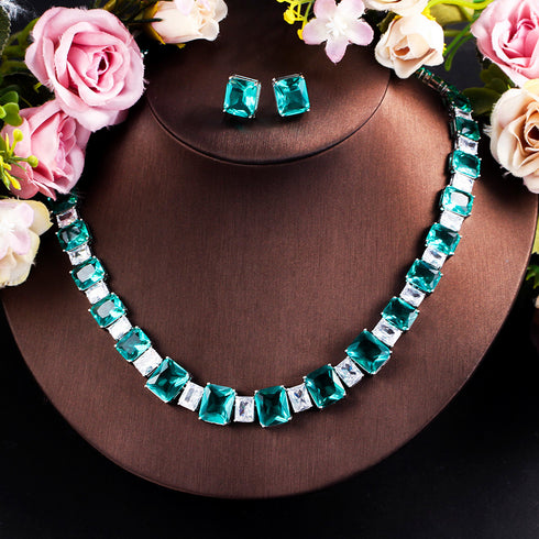 White and Turquoise Green Party Set - Earrings & Necklace - Statement Jewellery - Cubic Zircon - Box Packaging