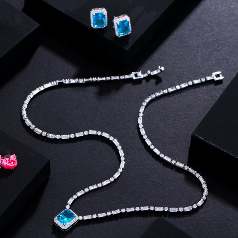 Stunning White and Blue Set - Earrings & Necklace - Statement Jewellery - Cubic Zircon - Box Packaging