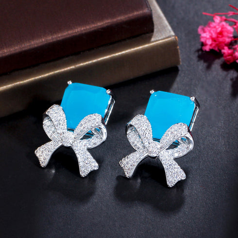 Bow Blue Party Earrings - Statement Jewellery - Cubic Zircon - Box Packaging