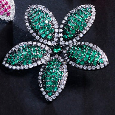 Green Flower Party Earrings - Statement Jewellery - Cubic Zircon - Box Packaging
