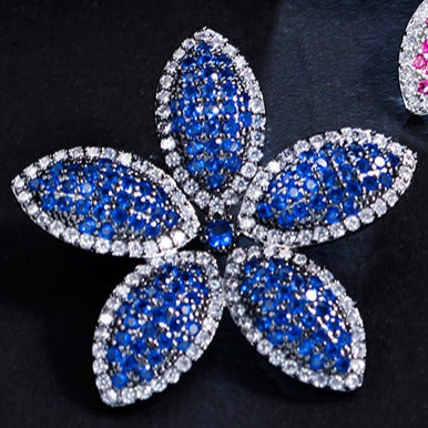 Blue Flower Party Earrings - Statement Jewellery - Cubic Zircon - Box Packaging
