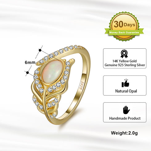 Mystical Feather - S925 Sterling Silver Ring - Adjustable Size - Genuine Opal Stones - 14K Gold Plated - Free Box Packaging