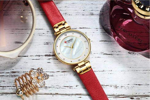 Womens Curren Elegant Maroon! - Shiny Pearl Dial! - Hot Seller! - 1 Year Warranty! - Genuine Leather!