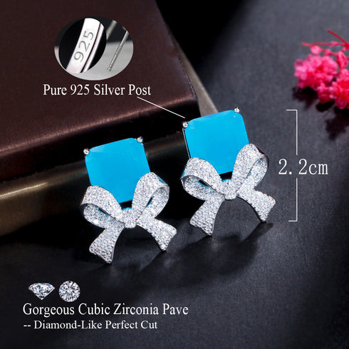 Bow Blue Party Earrings - Statement Jewellery - Cubic Zircon - Box Packaging