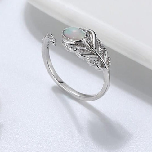 Mystical Feather - S925 Sterling Silver Ring - Adjustable Size - Genuine Opal Stones - Free Box Packaging