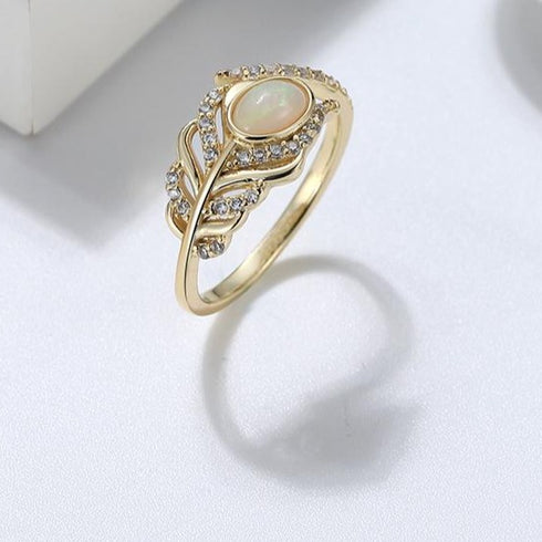 Mystical Feather - S925 Sterling Silver Ring - Adjustable Size - Genuine Opal Stones - 14K Gold Plated - Free Box Packaging