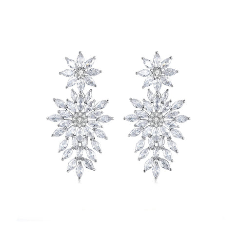 Party Flower Earrings - White Gold Plated - AAA Cubic Zirconia - Free Box Packaging!