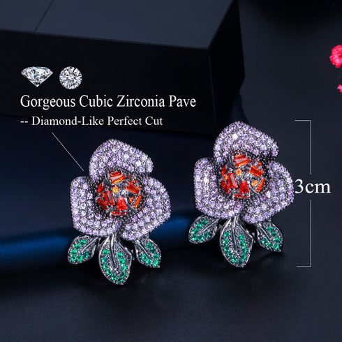 Flower Stud Earrings - Statement Jewellery - Cubic Zircon - Box Packaging