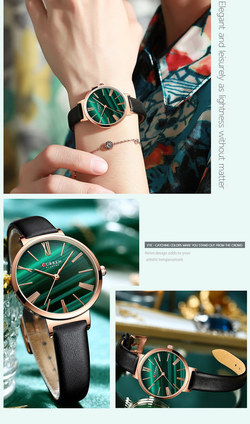 Curren Women's Classy & Sassy! - Black & Emerald Green - Ultra Soft Genuine Leather! - Box Packaging! - Water Resistant 3ATM! - 1 Year Warranty!