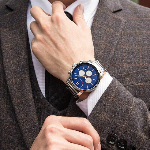 Curren Men's Sparkling Blue & Rose Gold! - Chronograph! - Stainless Steel Strap! - Box Packaging! - Water Resistant 3ATM! - 1 Year Warranty!