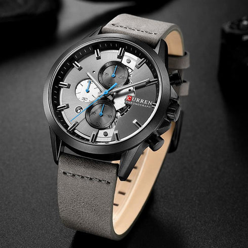 Curren Charcoal Silver & Blue! - Ultra Soft Leather! - Full Chronograph! - 1 Year Warranty!