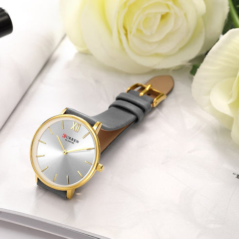 Curren Elegance! - Women's Watch - Charcoal & Gold! - Genuine Leather Strap! - Two Hand Design! - 1 Year Warranty!
