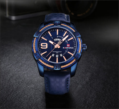 Naviforce Men's -Modern Majestic Blue Force! - Genuine Ultra Soft Leather! - Water Resistant!- 1 Year Warranty! - Box Packaging!