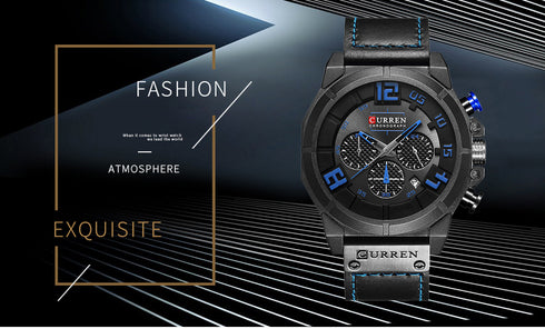 Curren Men's Midnight Design! - Chronograph! - Classic Blue & Black! - Ultra Soft Leather! - 1 Year Warranty! - Ultra Slim!