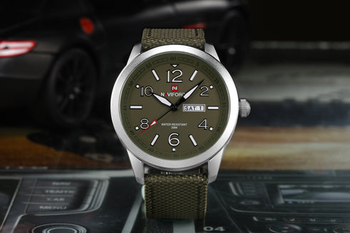 Naviforce Men's Military Gren! - Date Window! - Nylon & Genuine Leather Strap! - Water Resistant! - 1 Year Warranty