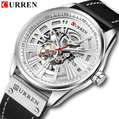 Curren Automatic Master Watch! - No Battery Needed! - Open Heart Design! - Black & Silver! - Ultrasoft Leather! -1 Year Warranty!