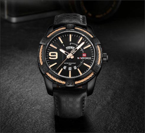 Naviforce Men's -Modern Black Force! - Genuine Ultra Soft Leather! - Water Resistant!- 1 Year Warranty! - Box Packaging!