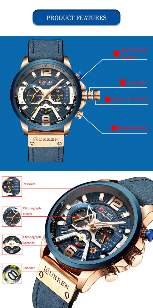 Curren Men's! - Modern Blue & Rose Gold Chronograph! - Genuine Ultrasoft Leather! - Water Resistant! - 1 Year Warranty!