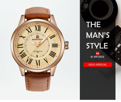 Naviforce Men's Elegant Salmon Pink & Rose Gold Plated - Roman Numbers! - Genuine Leather! - 1 Year Warranty! - Water Resistant! - Free Gift Packaging!