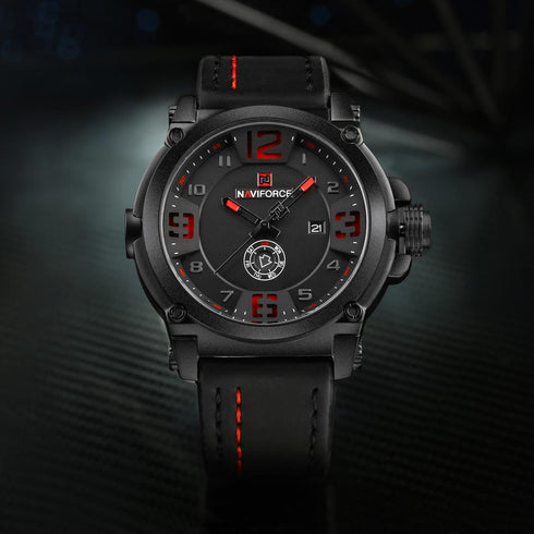 Naviforce Men's Red & Black Attack - Genuine Leather! - DayDate Function! - 1 Year Warranty!
