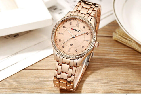Curren Women's Rose Gold Sunburst Dial! - Crystal Party! - Sparkling Statement Watch! - Steel Strap! - Date Function! - 1 Year Warranty!