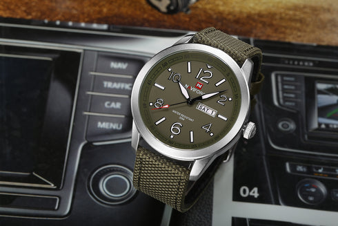Naviforce Men's Military Gren! - Date Window! - Nylon & Genuine Leather Strap! - Water Resistant! - 1 Year Warranty