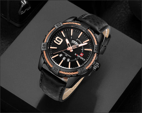 Naviforce Men's -Modern Black Force! - Genuine Ultra Soft Leather! - Water Resistant!- 1 Year Warranty! - Box Packaging!
