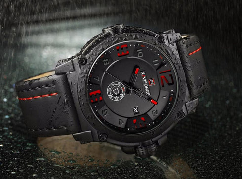 Naviforce Men's Red & Black Attack - Genuine Leather! - DayDate Function! - 1 Year Warranty!
